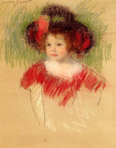 Margot in Big Bonnet and Red Dress by Mary Cassatt